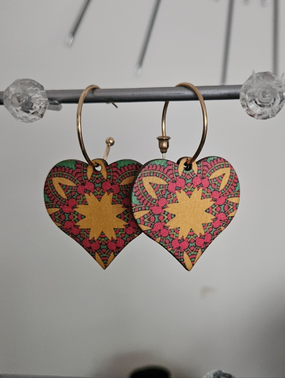 Heart-Shaped Wooden Drop Earrings in Pink and Gold